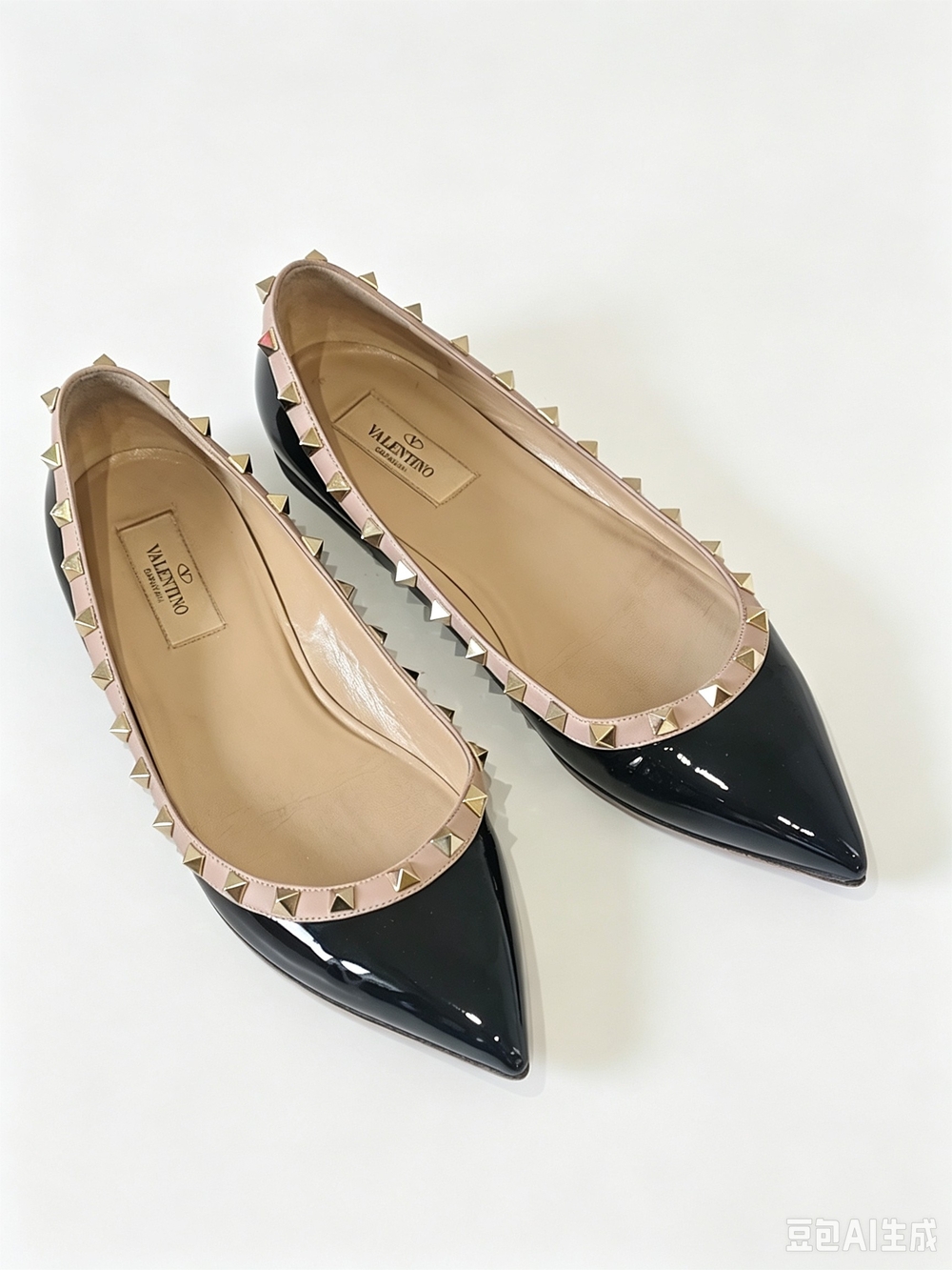 Valentino Rockstud Black Patent Pointed-Toe Flats with Blush Trim